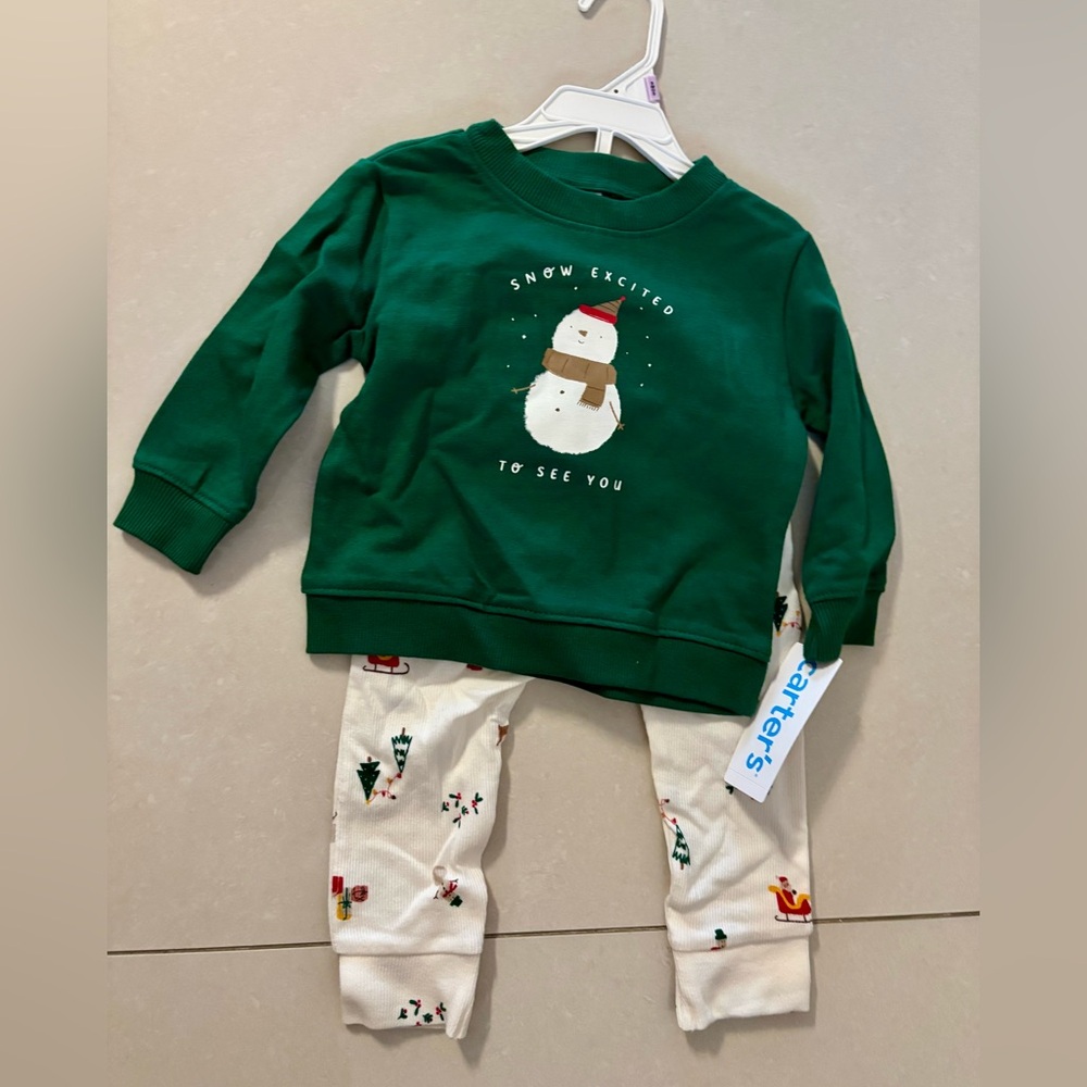 Carter's Green Snowman Top and Holiday Pants Set